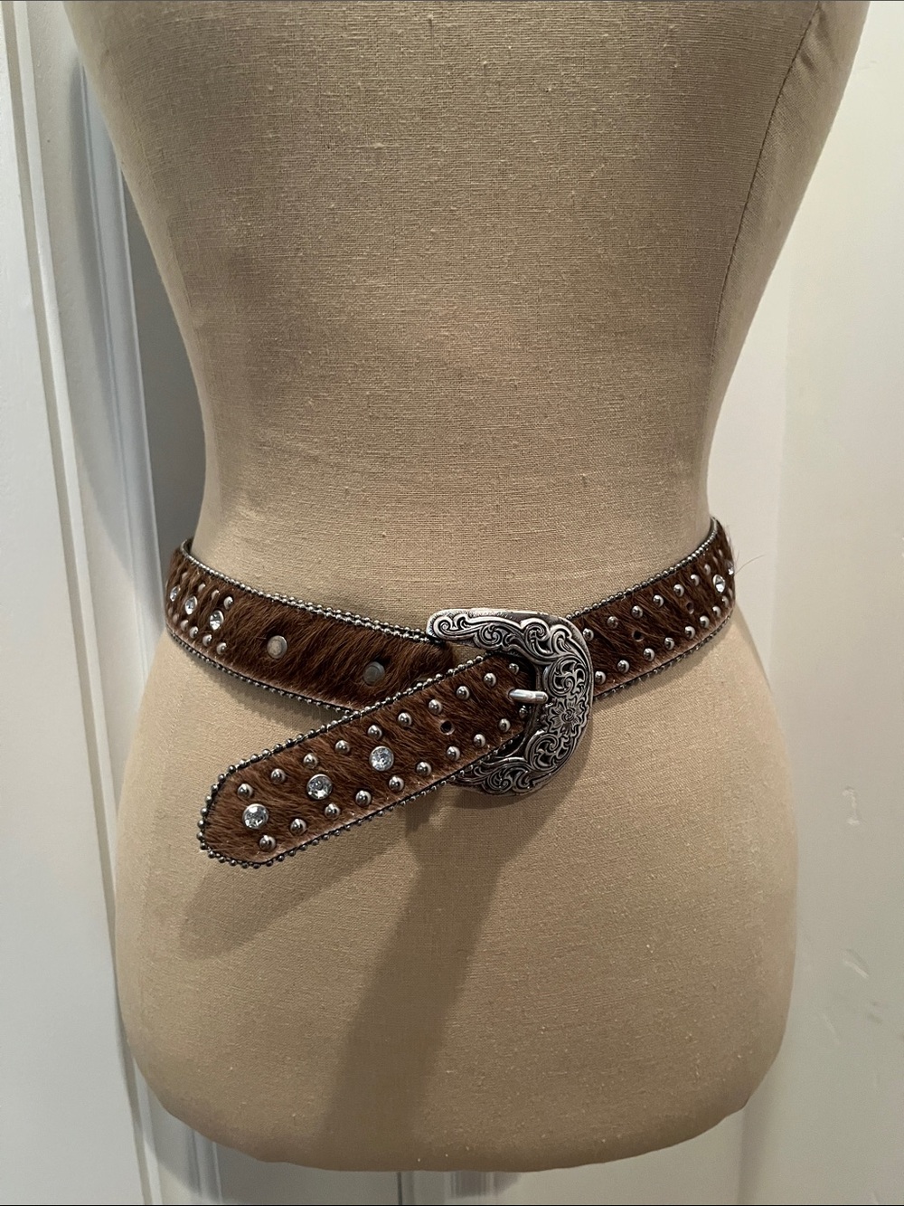 Nocona Belt Co. Studded Leather Brown Haircalf Western Belt with Silver Buckle